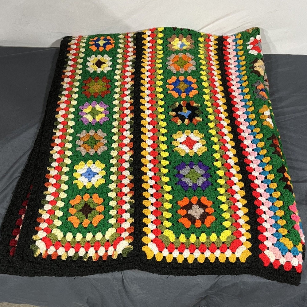 Vintage Handmade Crochet Granny Square Afghan Blanket Multi-Color Black 64x46